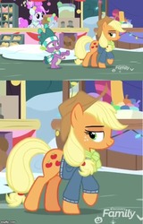 Size: 500x783 | Tagged: safe, screencap, applejack, spike, dragon, pony, g4, my little pony best gift ever, clothes, discovery family logo, hat, looking back, scarf, smugface, snow, striped scarf, winged spike, wings, winter outfit