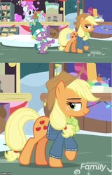 Size: 500x783 | Tagged: safe, screencap, applejack, cotton sky, spike, dragon, pony, g4, my little pony best gift ever, clothes, discovery family logo, hat, looking back, scarf, smugface, snow, striped scarf, winged spike, wings, winter outfit