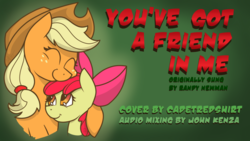 Size: 1024x576 | Tagged: safe, artist:cadetredshirt, apple bloom, applejack, earth pony, pony, g4, bow, family, female, hat, hug, simple background, sisters, text, thumbnail, youtube link