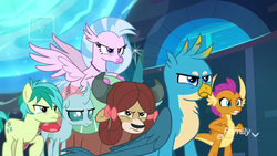 Size: 1920x1080 | Tagged: safe, screencap, gallus, ocellus, sandbar, silverstream, smolder, yona, changedling, changeling, classical hippogriff, dragon, earth pony, griffon, hippogriff, pony, yak, g4, school raze, angry, chest fluff, cutie mark, dragoness, female, male, student six, teenager