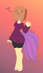 Size: 1024x1726 | Tagged: safe, artist:etruisarts, oc, oc only, oc:paper bag, anthro, unguligrade anthro, anthro oc, blushing, clothes, dialogue, female, gradient background, happy, hooves, paper bag, shorts, smiling, solo, sweater