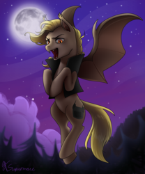 Size: 1400x1680 | Tagged: dead source, safe, artist:supermare, oc, oc only, bat pony, pony, bat pony oc, clothes, commission, flying, forest, full moon, moon, night, open mouth, solo, stars, tree