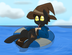 Size: 1024x773 | Tagged: safe, artist:cadetredshirt, oc, oc only, oc:belmont waltz, changeling, pony, changeling oc, chillaxing, clothes, coffee, cute, drink, drinking, drinking straw, floating, hat, inner tube, male, pool toy, solo, sweater, tube, water, ych result, yellow changeling