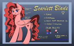 Size: 1024x640 | Tagged: safe, artist:cadetredshirt, oc, oc only, oc:scarlett blade, pegasus, pony, bedroom eyes, commission, curly hair, reference sheet, simple background, solo, text, two toned mane, two toned tail