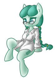 Size: 773x1074 | Tagged: safe, artist:spheedc, oc, oc only, oc:mercy leaf, bat pony, anthro, unguligrade anthro, anthro oc, arm hooves, braid, breasts, cleavage, clothes, digital art, female, glasses, mare, shirt, simple background, sitting, solo, transparent background, twin braids