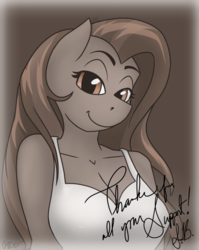 Size: 1024x1288 | Tagged: safe, artist:cadetredshirt, oc, oc only, oc:scarlett blade, anthro, anthro oc, autograph, bedroom eyes, breasts, clothes, dress, female, sepia, simple background, smiling, solo
