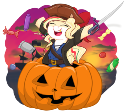 Size: 1024x918 | Tagged: safe, artist:cadetredshirt, oc, oc:hollie, earth pony, pony, candy, clothes, costume, cute, female, food, halloween, hat, holiday, jack-o-lantern, nightmare night costume, ocean, pirate, pirate hat, pirate ship, pumpkin, solo, sunset, sword, weapon, ych result