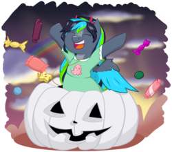 Size: 1024x902 | Tagged: safe, artist:cadetredshirt, oc, oc only, pegasus, pony, candy, clothes, commission, costume, devil horns, female, food, halloween, holiday, jack-o-lantern, nightmare night, nightmare night costume, pumpkin, rainbow, solo, star vs the forces of evil, sunset, two toned wings, ych result