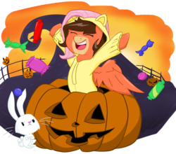 Size: 1024x902 | Tagged: safe, artist:cadetredshirt, angel bunny, fluttershy, oc, oc only, pegasus, pony, g4, candy, commission, cute, female, fluttershy suit, food, halloween, holiday, jack-o-lantern, pumpkin, smiling, solo, the nightmare before christmas, ych result