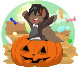 Size: 1024x902 | Tagged: safe, artist:cadetredshirt, oc, oc only, pegasus, pony, candy, clothes, cloud, commission, day, food, gunslinger, halloween, hat, holiday, jack-o-lantern, jacket, male, pumpkin, show accurate, simple background, smiling, solo, sunlight, western, ych result