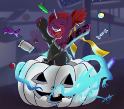 Size: 1024x902 | Tagged: safe, artist:cadetredshirt, oc, oc only, dragon, pony, unicorn, arrow, candy, clothes, commission, costume, food, glowing, halloween, hanzo, holiday, jack-o-lantern, night, nightmare night costume, nightmare nights dallas, overwatch, pumpkin, solo, stars, ych result