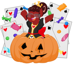 Size: 1024x902 | Tagged: safe, artist:cadetredshirt, oc, oc only, oc:cadetpone, pony, candy, card, commission, food, glasses, halloween, holiday, jack-o-lantern, nightmare night, nightmare nights costume, pumpkin, queen of hearts, solo, ych result