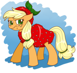 Size: 1024x970 | Tagged: safe, artist:cadetredshirt, applejack, earth pony, pony, g4, angry, bet, clothes, costume, ears back, female, food, halloween, hat, holiday, losing, nightmare nights costume, patreon, patreon reward, simple background, simple shading, solo, strawberry, strawberryjack