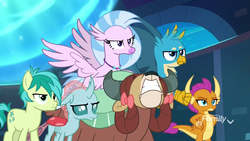 Size: 1920x1080 | Tagged: safe, screencap, gallus, ocellus, sandbar, silverstream, smolder, yona, changedling, changeling, dragon, earth pony, griffon, hippogriff, pony, yak, g4, school raze, angry, dragoness, female, gallus is not amused, gritted teeth, male, nose in the air, ocellus is not amused, sandbar is not amused, silverstream is not amused, smolder is not amused, student six, teenager, unamused, yona is not amused