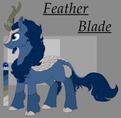 Size: 1024x1000 | Tagged: safe, artist:mythpony, oc, oc only, oc:feather blade, kirin, cloven hooves, gray background, kirin oc, male, reference sheet, simple background, solo