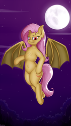 Size: 2160x3840 | Tagged: safe, artist:andelai, fluttershy, bat pony, semi-anthro, g4, arm hooves, bat ponified, belly button, chest fluff, cutie mark, female, flutterbat, full moon, high res, lidded eyes, looking at you, mare, moon, night, race swap, smiling, smirk, solo