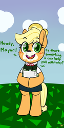 Size: 1000x2000 | Tagged: safe, artist:yakoshi, applejack, earth pony, semi-anthro, g4, animal crossing, arm hooves, bipedal, bucktooth, clothes, costume, crossover, female, isabelle, makeup, solo
