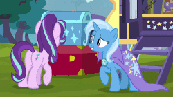 Size: 1034x582 | Tagged: safe, screencap, starlight glimmer, trixie, pony, unicorn, g4, road to friendship, season 8, animated, chest, cute, dancing, duo, female, gif, glimmerbetes, happy, loop, meadow, smiling, tree, trixie's wagon