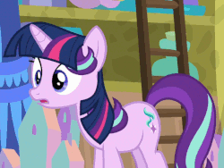 Size: 600x450 | Tagged: safe, edit, edited screencap, screencap, starlight glimmer, pony, unicorn, a matter of principals, g4, animated, cropped, female, gif, ladder, loop, not twilight sparkle, purple mane, solo, twilight wig, wig