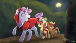 Size: 1024x575 | Tagged: safe, artist:laps-sp, apple bloom, scootaloo, sweetie belle, earth pony, pony, g4, clothes, costume, cutie mark crusaders, little red riding hood, maze, nightmare night costume, rainbow wig, sombrero