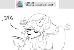 Size: 1280x870 | Tagged: safe, artist:sintakhra, yona, tumblr:studentsix, g4, ask, dunce hat, female, glasses, hat, mouth hold, pencil, solo, tumblr