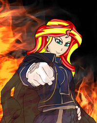 Size: 384x482 | Tagged: safe, artist:anonix123, sunset shimmer, equestria girls, g4, anime, clothes, crossover, female, fiery shimmer, fire, fullmetal alchemist, human coloration, roy mustang, solo