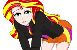 Size: 1480x970 | Tagged: safe, artist:anonix123, sunset shimmer, equestria girls, g4, bent over, clothes, female, human coloration, jacket, leather, leather jacket, miniskirt, simple background, skirt, solo, thighs, transparent background