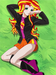 Size: 1200x1600 | Tagged: safe, artist:anonix123, sunset shimmer, equestria girls, g4, blushing, boots, clothes, female, grass, human coloration, jacket, leather, leather jacket, legs, miniskirt, shoes, skirt, smiling, solo, thighs