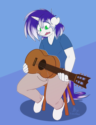 Size: 1147x1500 | Tagged: safe, artist:loneless-art, oc, oc only, oc:vocal score, anthro, clothes, crying, guitar, shirt, solo, teary eyes