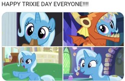 Size: 592x387 | Tagged: safe, screencap, trixie, pony, unicorn, all bottled up, g4, road to friendship, to where and back again, uncommon bond, :3, clothes, costume, cute, diatrixes, female, happy, mare, mouth hold, open mouth, saddle bag, sitting, smiling, text, trixie day, wide eyes