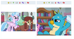 Size: 604x320 | Tagged: safe, edit, edited screencap, screencap, gallus, ocellus, silverstream, yona, classical hippogriff, griffon, hippogriff, yak, derpibooru, a rockhoof and a hard place, g4, school daze, cropped, female, juxtaposition, male, meta