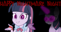 Size: 2280x1220 | Tagged: safe, artist:cartoonmaster, mean twilight sparkle, twilight sparkle, alicorn, pony, equestria girls, g4, the mean 6, black background, blood, clone, equestria girls-ified, female, glowing eyes, glowing horn, horn, mean six, nightmare night, simple background, solo