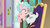 Size: 1280x720 | Tagged: safe, screencap, chancellor neighsay, cozy glow, pegasus, pony, unicorn, g4, my little pony: friendship is magic, school raze, chair, condescending, duo, eyes closed, facial hair, female, filly, flying, foal, goatee, male, patting, stallion