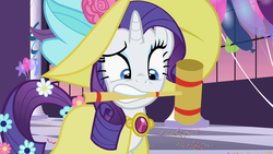 Size: 1280x720 | Tagged: safe, screencap, rarity, pony, unicorn, g4, sweet and elite, amulet, balloon, clothes, croquet mallet, dress, fancy, female, flower, flower in hair, flower in tail, hat, jewelry, mare, mouth hold, raised eyebrow, shocked, solo, sun hat