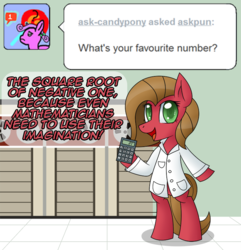 Size: 750x779 | Tagged: safe, artist:php92, oc, oc only, oc:pun, earth pony, pony, ask pun, ask, calculator, clothes, female, lab coat, mare, math, pun, solo