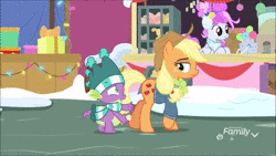Size: 1280x720 | Tagged: safe, screencap, applejack, pinkie pie, spike, dragon, g4, my little pony best gift ever, animated, clothes, scarf, snow, sound, striped scarf, webm, winged spike, wings, winter outfit