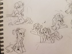 Size: 1200x900 | Tagged: safe, artist:luciferamon, autumn blaze, coco pommel, rarity, starlight glimmer, trixie, earth pony, kirin, pony, unicorn, g4, sounds of silence, alternate hairstyle, autumn blaze is not amused, flower, flower in hair, music notes, quill, traditional art, unamused