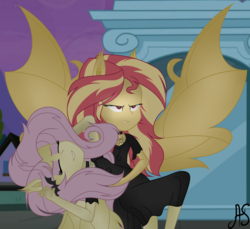 Size: 4385x4015 | Tagged: safe, artist:sparkling-sunset-s08, fluttershy, sunset shimmer, bat pony, vampire, equestria girls, g4, absurd resolution, bat ponified, flutterbat, nightmare night, ponied up, race swap, shimmerbat