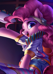 Size: 2059x2912 | Tagged: safe, artist:luciferamon, pinkie pie, earth pony, pony, g4, clothes, collar, costume, fake arrow hat, female, halloween, halloween costume, high res, holiday, looking at you, mare, ruff (clothing), solo
