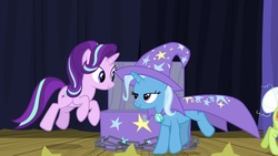 Size: 1920x1080 | Tagged: safe, screencap, starlight glimmer, trixie, pony, unicorn, g4, road to friendship, jumping, looking at each other
