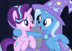 Size: 731x521 | Tagged: safe, screencap, starlight glimmer, trixie, pony, unicorn, g4, road to friendship, season 8, animated, best friends, bipedal, cute, diatrixes, duo, female, glimmerbetes, looking at each other, smiling