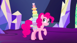 Size: 1440x809 | Tagged: safe, screencap, pinkie pie, earth pony, pony, castle sweet castle, g4, cake, colorful, female, food, mare, raised hoof, seven-layer what's-that-flavour mystery surprise, smiling, solo