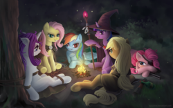 Size: 1920x1200 | Tagged: safe, artist:vyazinrei, applejack, fluttershy, pinkie pie, rainbow dash, rarity, twilight sparkle, earth pony, firefly (insect), pegasus, pony, unicorn, g4, bondage, bottle, bound, campfire, cape, captive, clothes, eyepatch, female, fire, gun, hat, kidnapped, mace, magic staff, mane six, mare, night, outdoors, peril, robbery, rope, rope bondage, shotgun, story included, sword, tied up, tree, weapon, witch hat