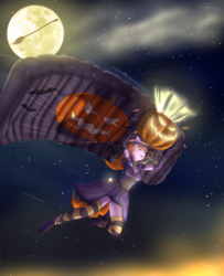 Size: 4060x5000 | Tagged: safe, artist:mintjuice, oc, oc only, oc:maya northwind, unicorn, anthro, absurd resolution, anthro oc, broom, candy, clothes, dress, female, food, halloween, hat, holiday, jack-o-lantern, mare, moon, parachute, pumpkin, pumpkin bucket, sky, smiling, socks, solo, striped socks, sweets, witch, witch hat, ych result
