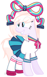 Size: 604x980 | Tagged: safe, artist:xylenneisnotamazing, oc, oc:catchy, earth pony, pony, clothes, costume, female, giffany, gravity falls, male, mare, nightmare night costume, schoolgirl, simple background, solo, transparent background, wires