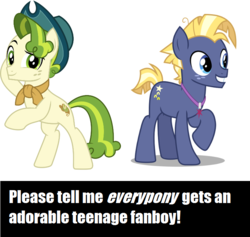 Size: 736x698 | Tagged: safe, pistachio, star tracker, earth pony, pony, best gift ever, g4, once upon a zeppelin, cowboy hat, cute, duo, freckles, hat, jewelry, male, neckerchief, necklace, raised hoof, rearing, smiling, stallion, teenager