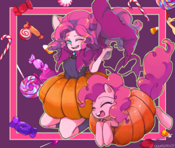 Size: 2600x2200 | Tagged: safe, artist:uuunicorn23, pinkie pie, earth pony, pony, equestria girls, g4, eyes closed, female, high res, mare, open mouth, pumpkin, self ponidox, solo