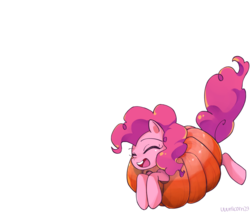 Size: 2600x2200 | Tagged: safe, artist:uuunicorn23, pinkie pie, earth pony, pony, g4, cute, diapinkes, eyes closed, female, high res, mare, open mouth, pixiv, pumpkin, simple background, solo, white background