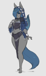 Size: 1197x1950 | Tagged: safe, artist:skecchiart, oc, oc only, oc:river rhythm, bat pony, anthro, breasts, cleavage, female, hood, jewelry, loincloth, looking at you, mare, necklace, oracle, solo, wide hips