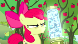 Size: 1439x810 | Tagged: safe, screencap, apple bloom, earth pony, pony, twittermite, bloom & gloom, g4, apple tree, bow, canister, female, filly, foal, hair bow, narrowed eyes, solo, tree